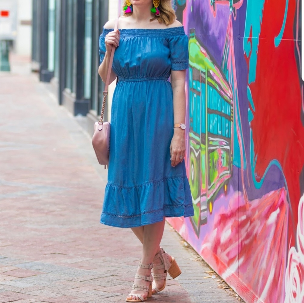 Old Navy Chambray Off The Shoulder Dress - Picture 2 of 8
